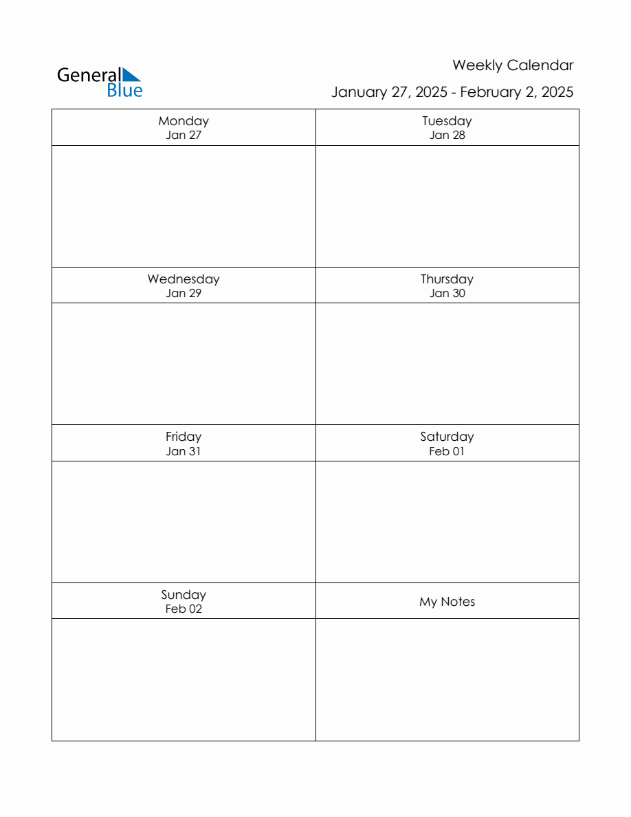 Blank Weekly Calendar in PDF, Word, and Excel for January 27 to February 2