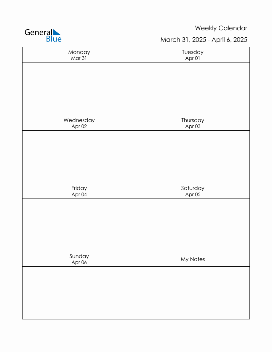 Blank Weekly Calendar in PDF, Word, and Excel for March 31 to April 6