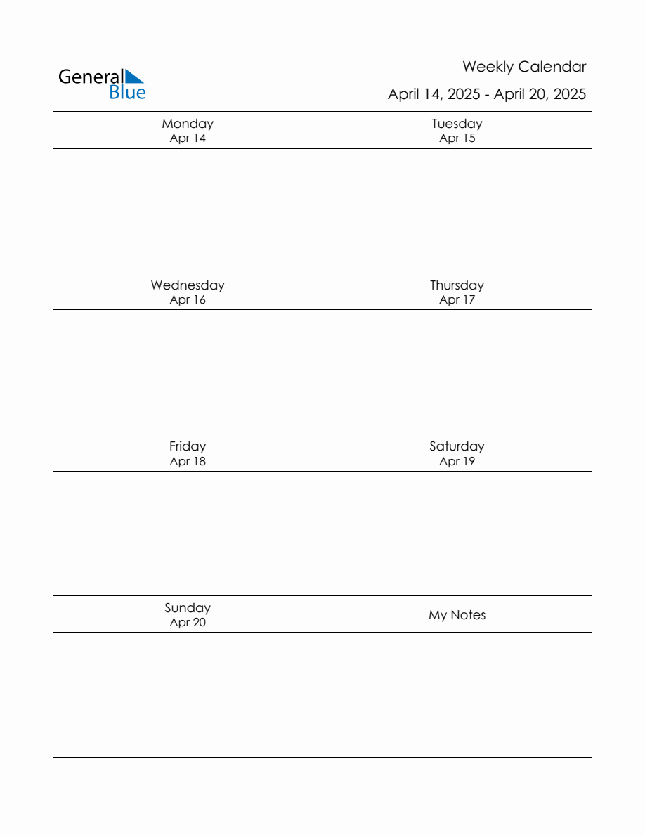 Blank Weekly Calendar in PDF, Word, and Excel for April 14 to April 20