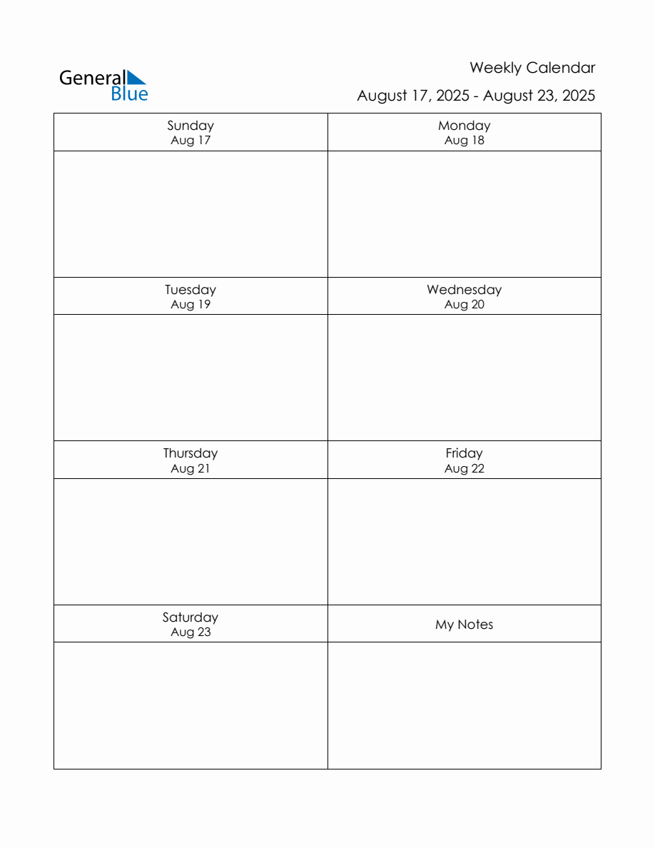 Blank Weekly Calendar in PDF, Word, and Excel for August 17 to August 23