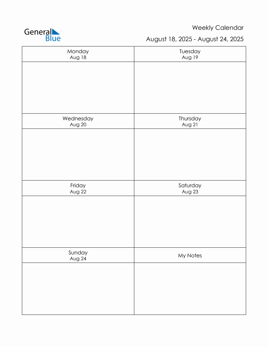 Blank Weekly Calendar in PDF, Word, and Excel for August 18 to August 24