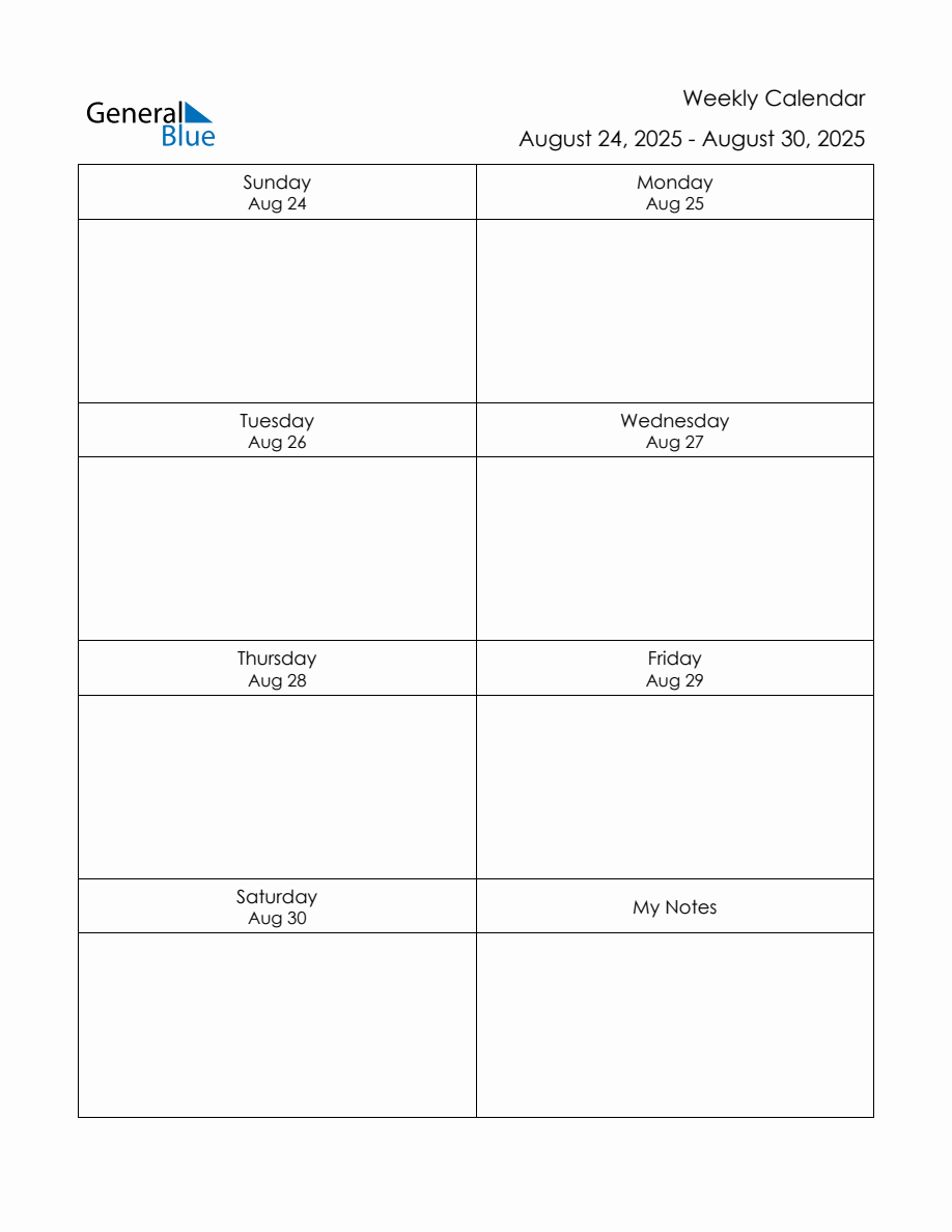 Blank Weekly Calendar in PDF, Word, and Excel for August 24 to August 30