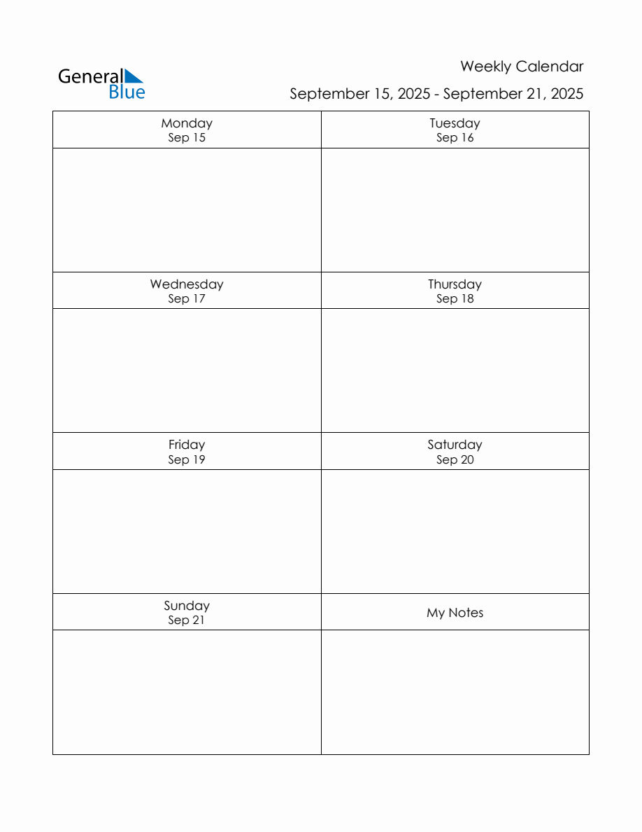 Blank Weekly Calendar in PDF, Word, and Excel for September 15 to