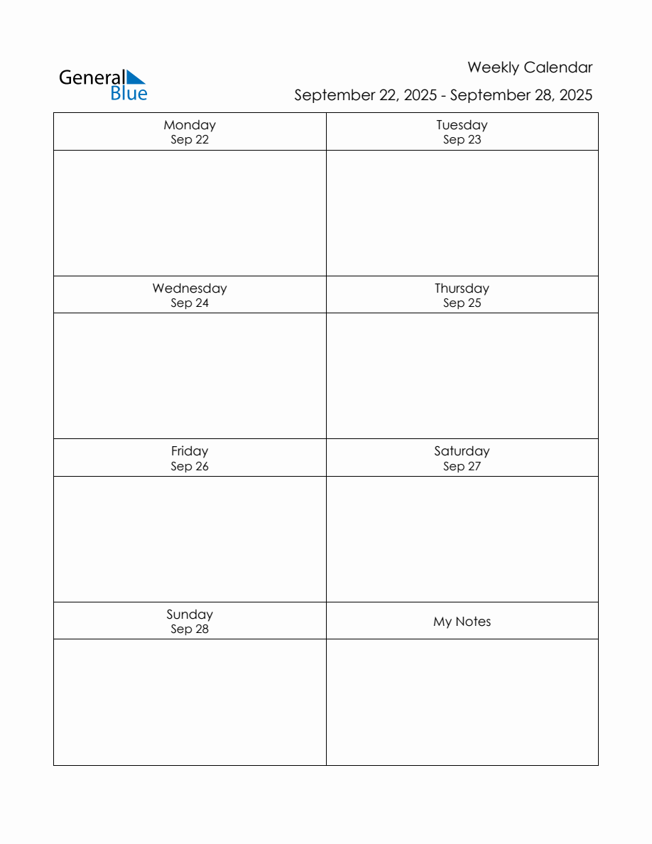 Blank Weekly Calendar in PDF, Word, and Excel for September 22 to