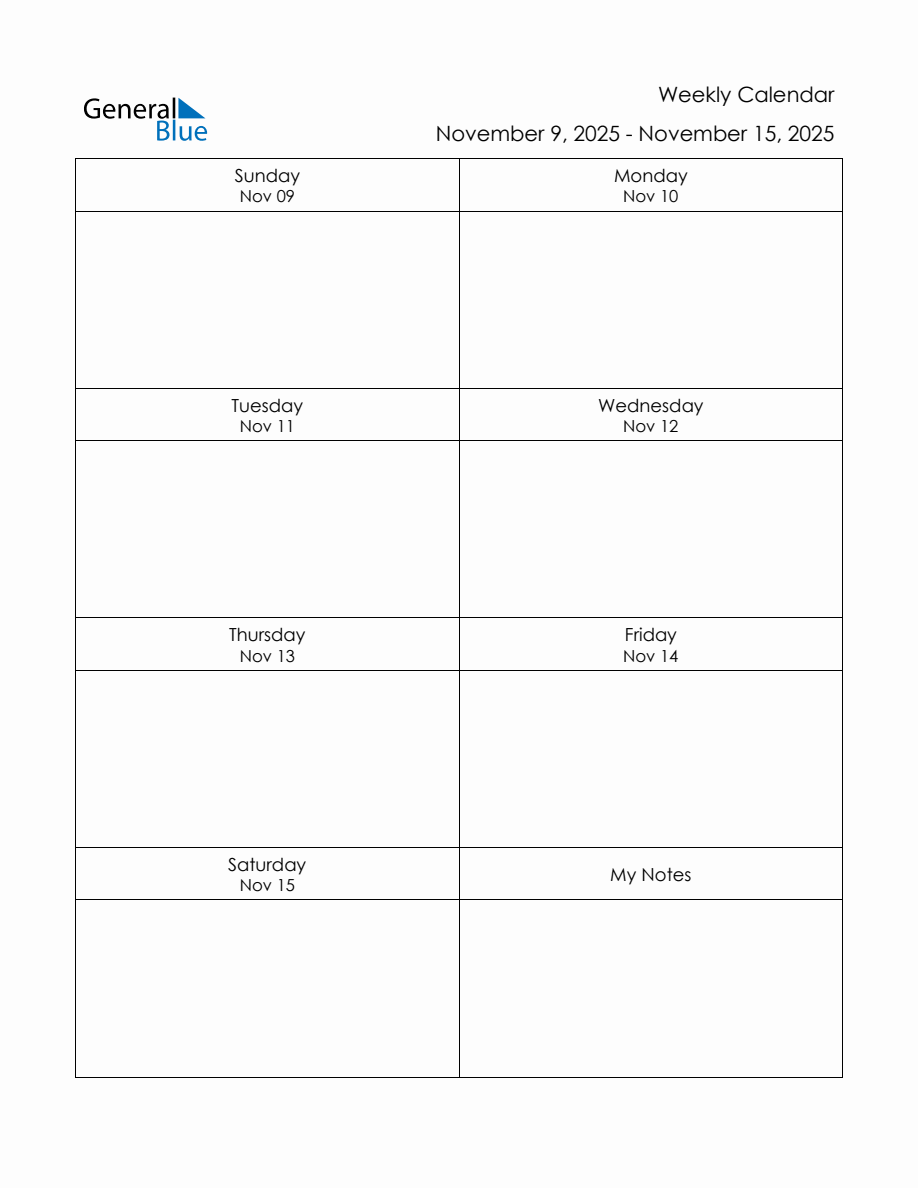 Blank Weekly Calendar in PDF, Word, and Excel for November 9 to November 15