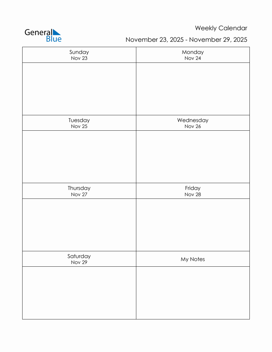 Blank Weekly Calendar in PDF, Word, and Excel for November 23 to