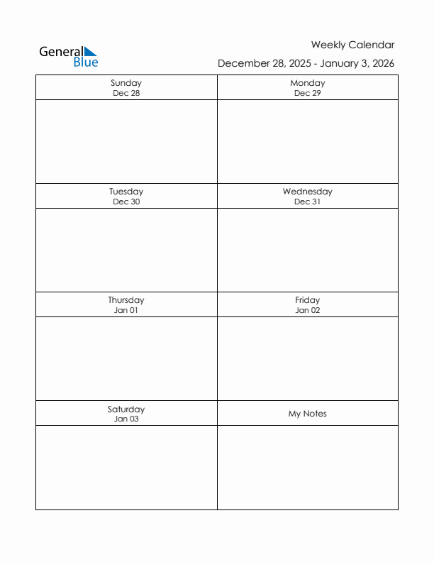 Printable Weekly Planner Template (Week 1 of 2026)