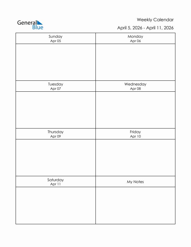 Printable Weekly Planner Template (Week 15 of 2026)
