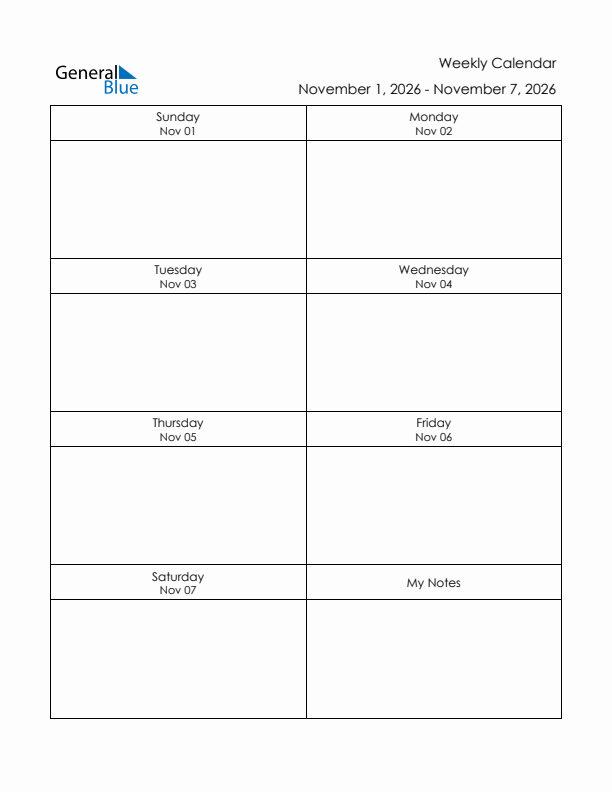 Printable Weekly Planner Template (Week 45 of 2026)