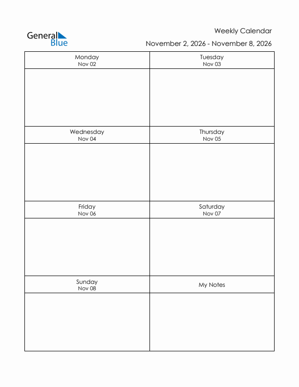 Printable Weekly Planner Template (Week 45 of 2026)