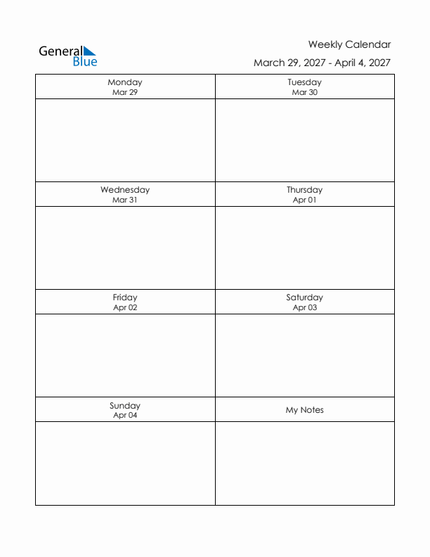 Printable Weekly Planner Template (Week 13 of 2027)