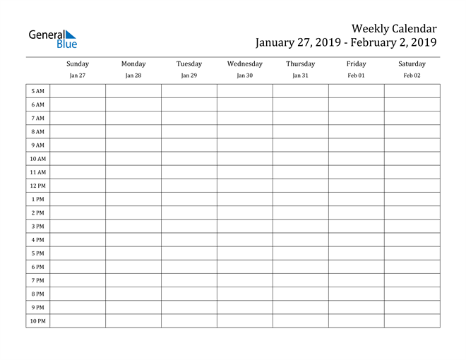 Weekly Calendar - January 27, 2019 to February 2, 2019 - (PDF, Word, Excel)