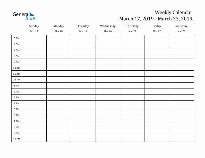 Weekly Calendar March 17 2019 to March 23 2019 (PDF Word Excel)
