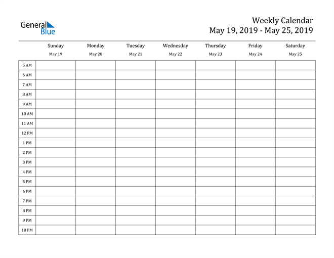 Weekly Calendar May 19, 2019 to May 25, 2019 (PDF, Word, Excel)