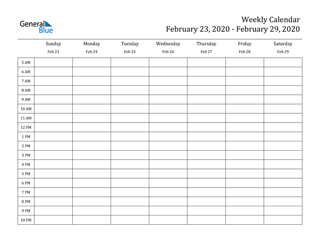 weekly calendar february 23 2020 to february 29 2020