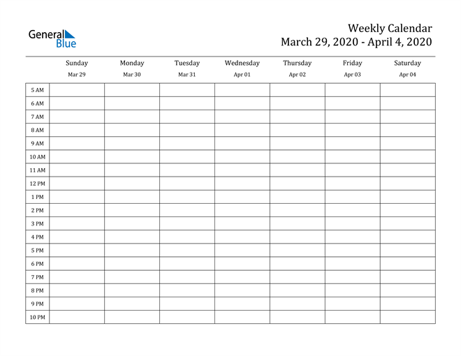 Weekly Calendar March 29 2020 To April 4 2020 Pdf Word Excel