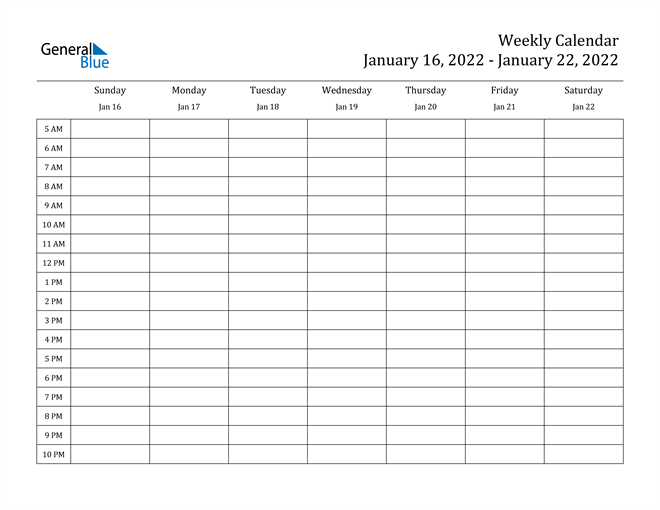 Free Weekly Calendar Template 2022 Weekly Calendar - January 16, 2022 To January 22, 2022 - (Pdf, Word, Excel)