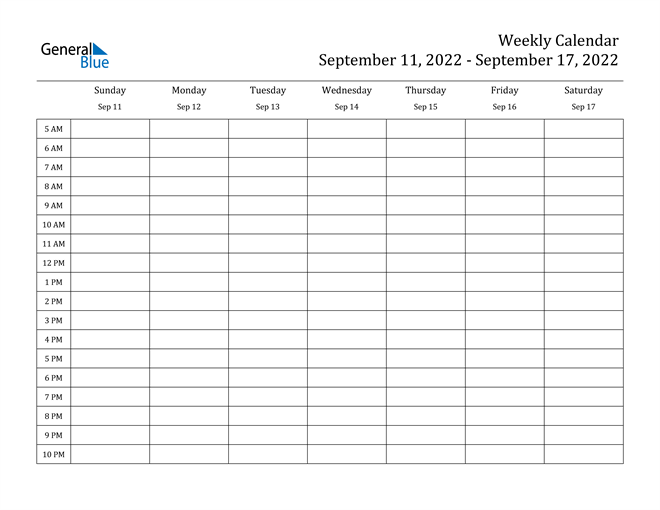 Weekly Calendar - September 11, 2022 To September 17, 2022 - (Pdf, Word, Excel)