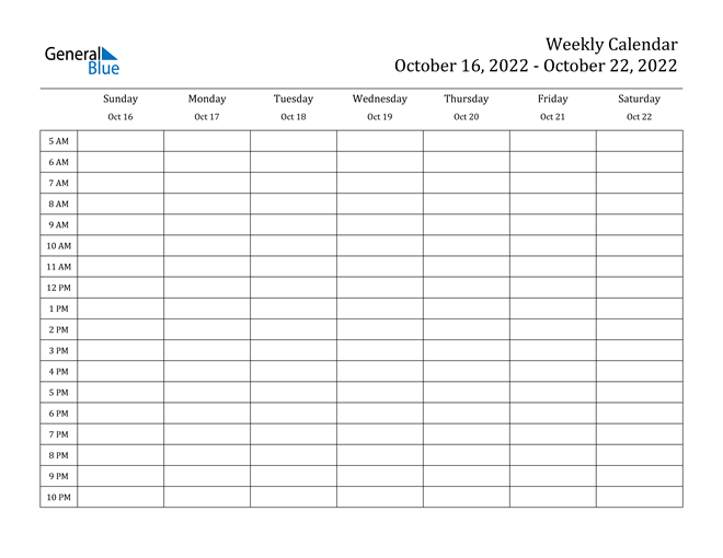Weekly Calendar October 16 2022 To October 22 2022 Pdf Word Excel