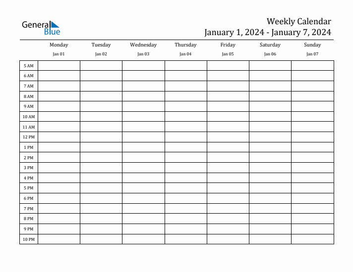 Weekly Calendar with Monday Start for Week 1 (January 1, 2024 to