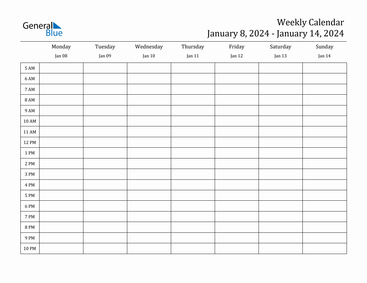 Weekly Calendar with Time Slots Week of January 8, 2024