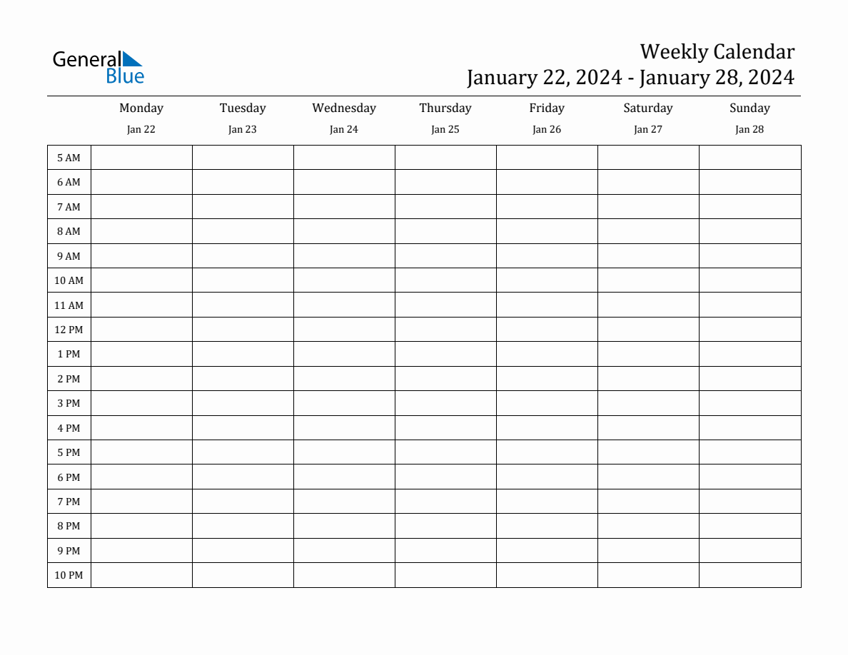 Weekly Calendar with Time Slots Week of January 22, 2024