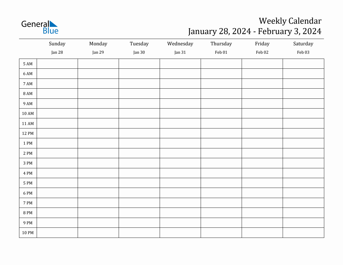 Weekly Calendar with Time Slots Week of January 28, 2024