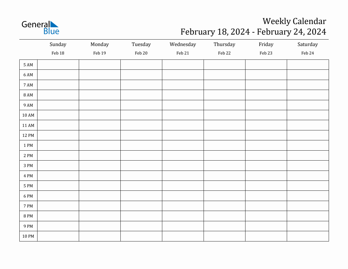 Weekly Calendar with Time Slots Week of February 18, 2024