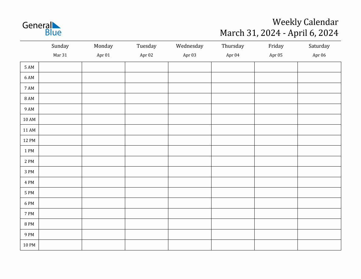 Weekly Calendar with Time Slots Week of March 31, 2024