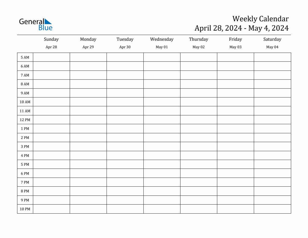 Weekly Calendar with Time Slots Week of April 28, 2024