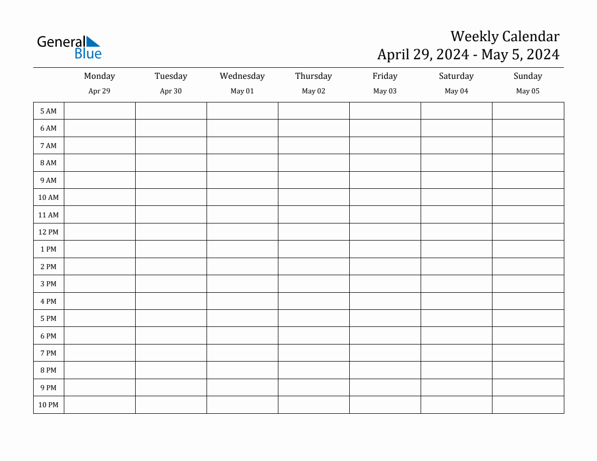 Weekly Calendar with Time Slots Week of April 29, 2024