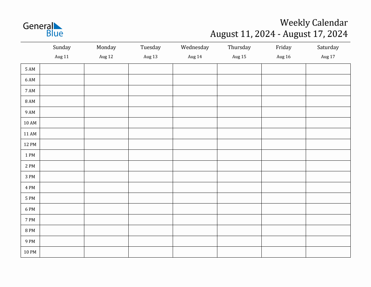 Weekly Calendar with Time Slots Week of August 11, 2024