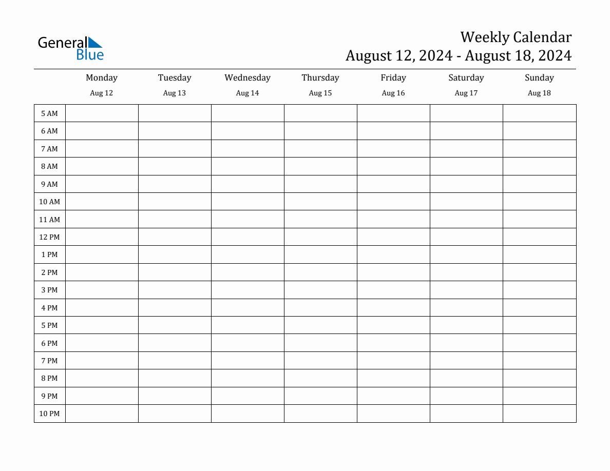 Weekly Calendar with Time Slots Week of August 12, 2024