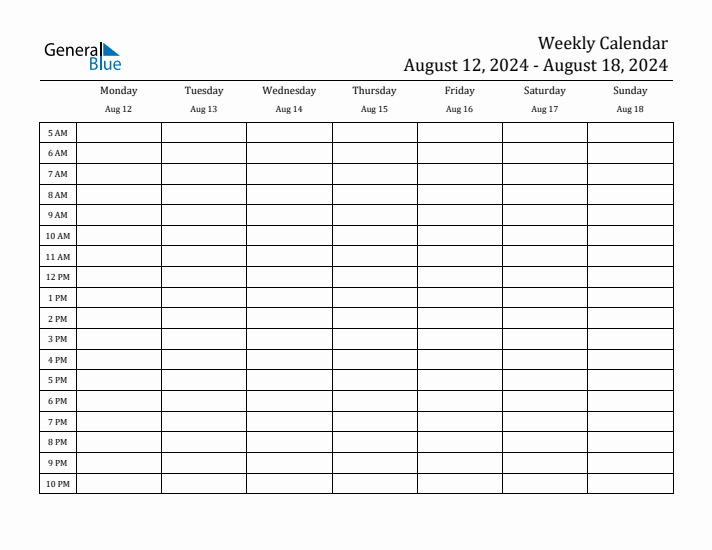 Weekly Calendar with Monday Start for Week 33 (August 12, 2024 to