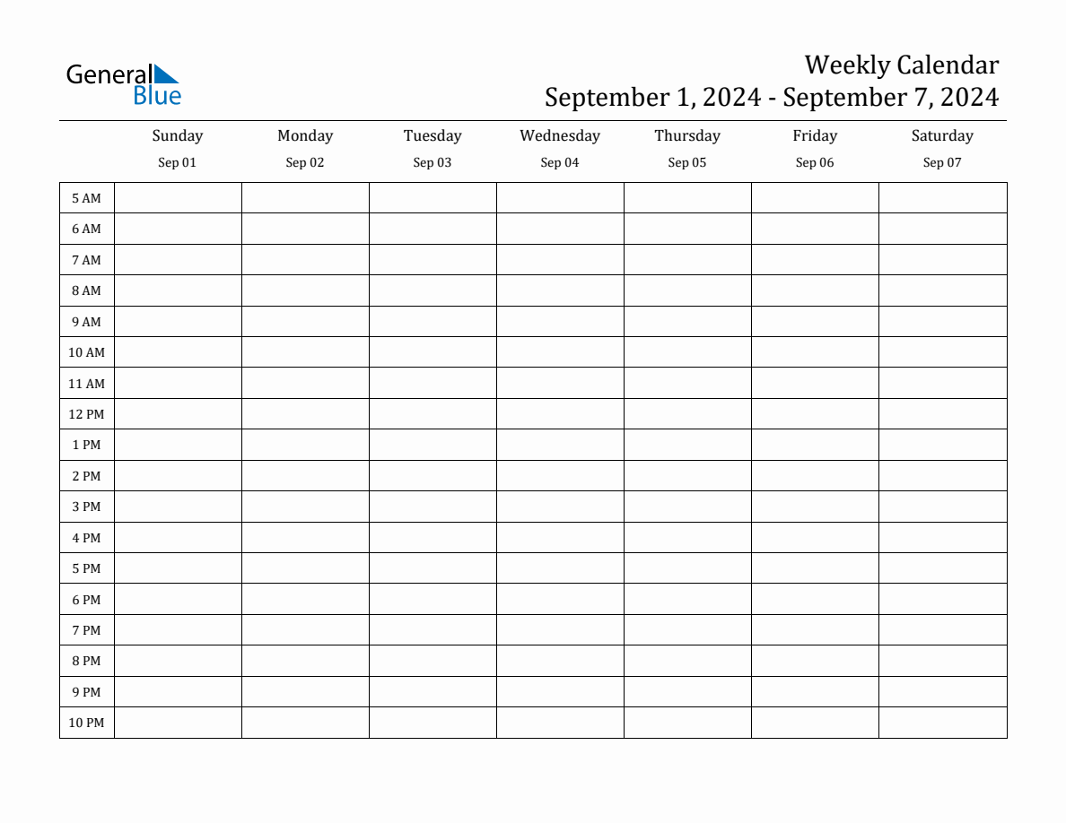 Weekly Calendar with Time Slots Week of September 1, 2024