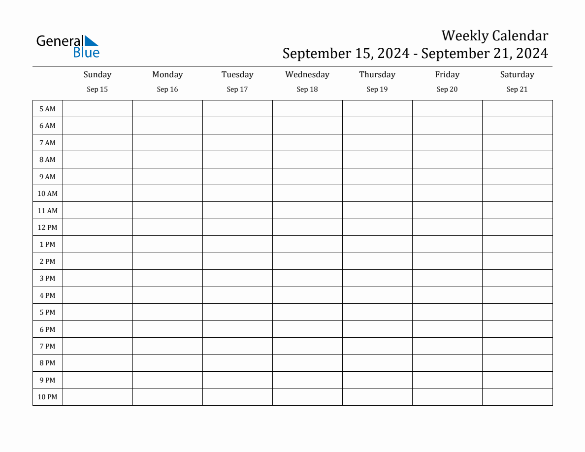 Weekly Calendar with Time Slots Week of September 15, 2024