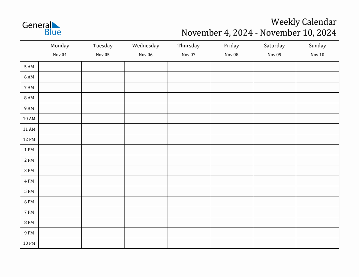 Weekly Calendar with Time Slots Week of November 4, 2024