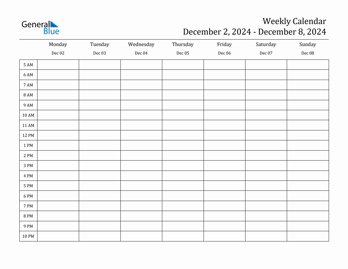 Weekly Calendar with Time Slots Week of December 2, 2024