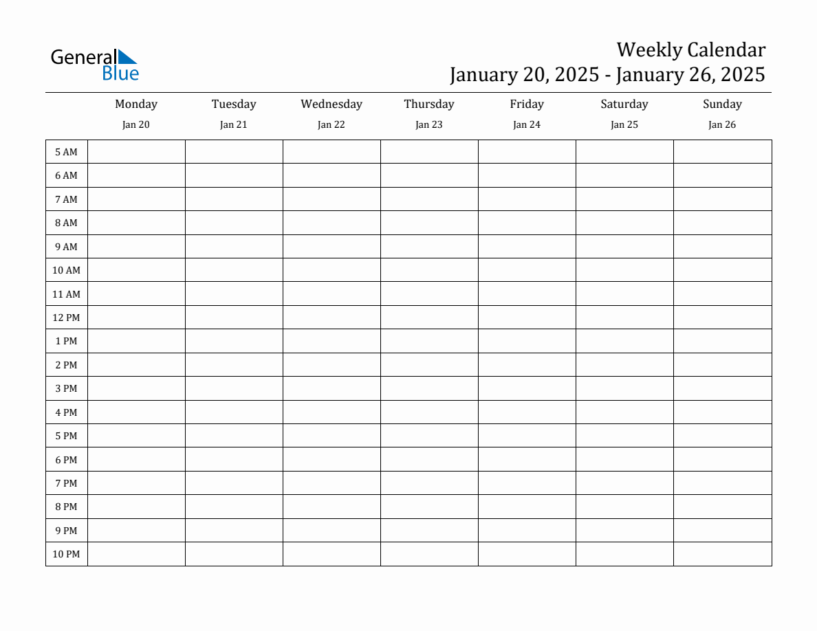 Weekly Calendar with Time Slots Week of January 20, 2025