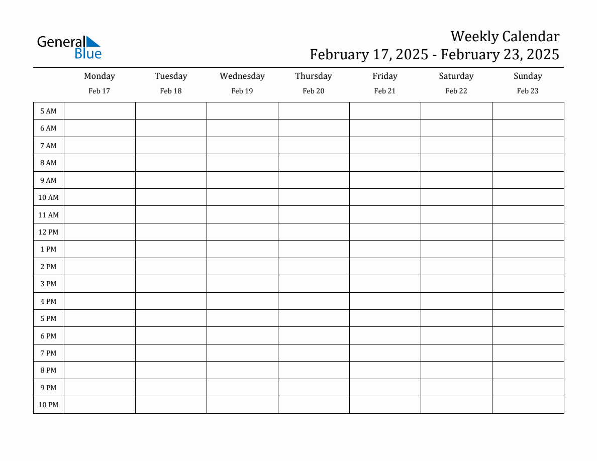 Weekly Calendar with Time Slots Week of February 17, 2025