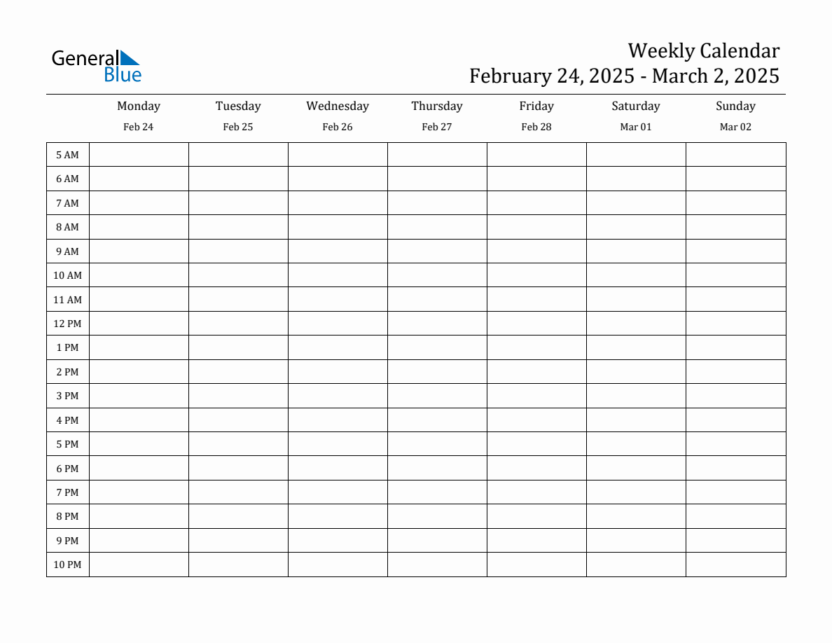 Weekly Calendar with Time Slots Week of February 24, 2025