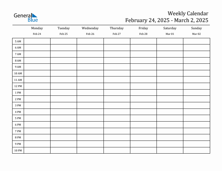 Weekly Calendar with Monday Start for Week 9 (February 24, 2025 to