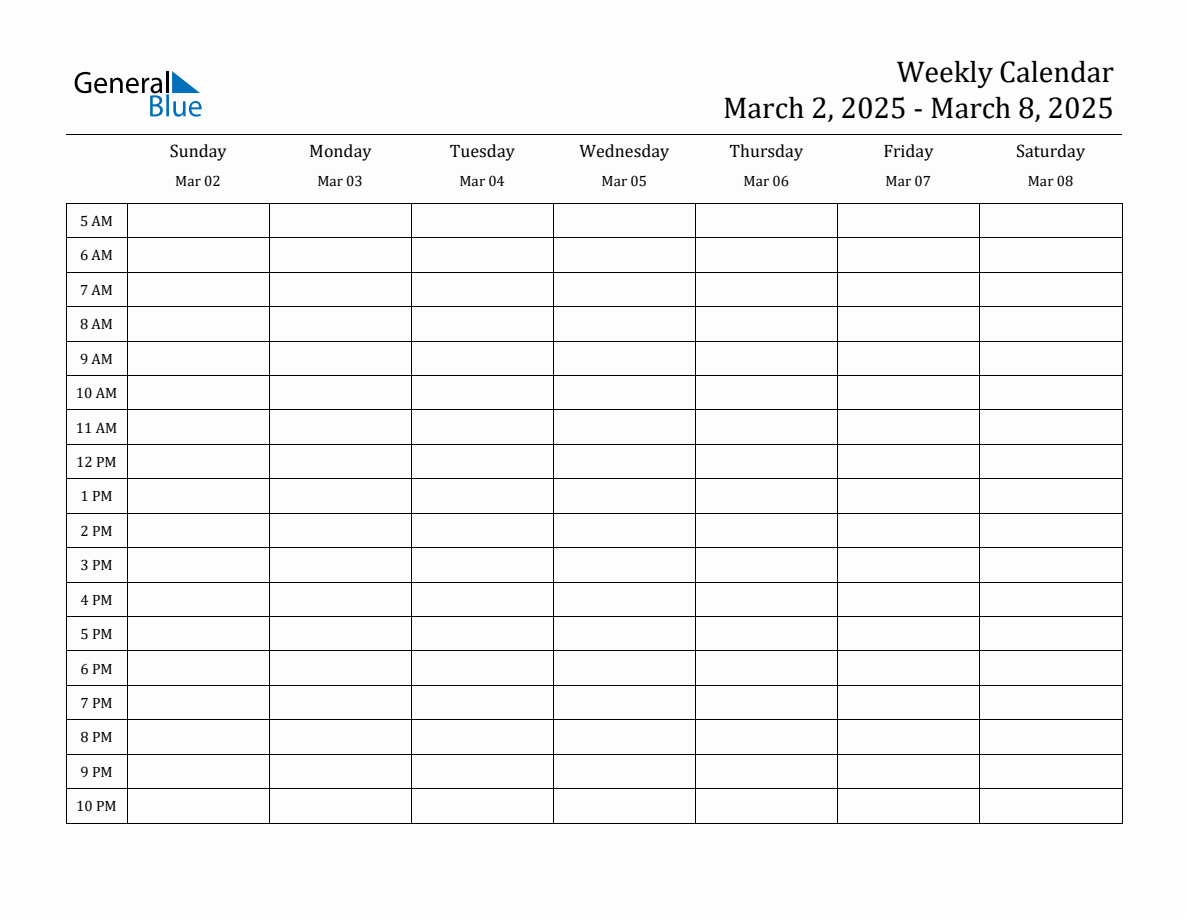 Weekly Calendar with Time Slots Week of March 2, 2025