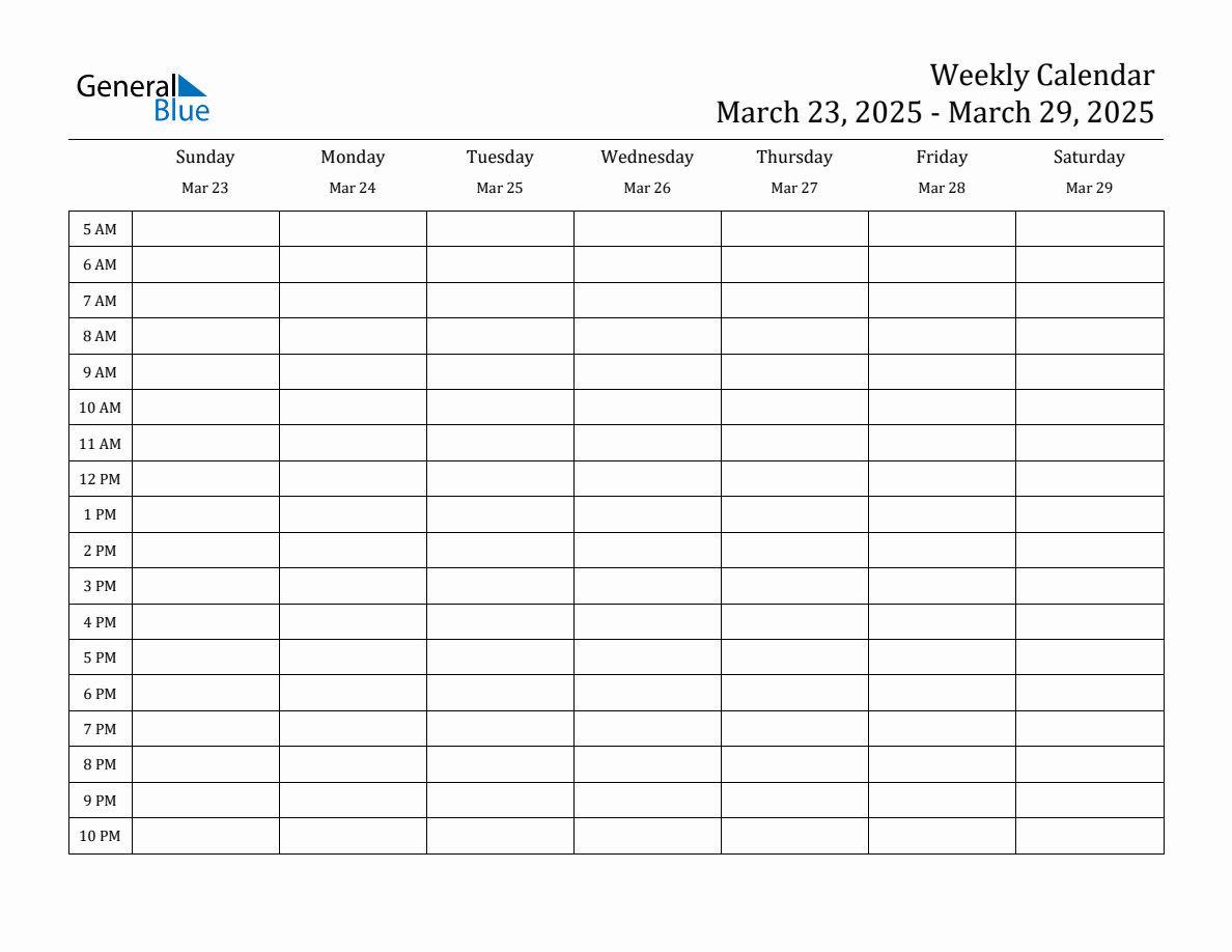 Weekly Calendar with Time Slots Week of March 23, 2025