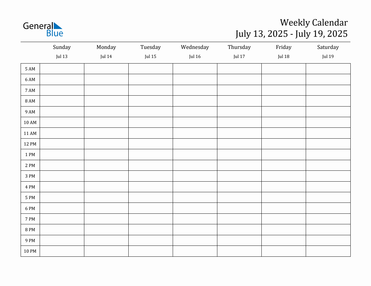 Weekly Calendar with Time Slots Week of July 13, 2025