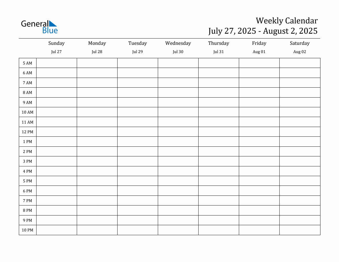 Weekly Calendar with Time Slots Week of July 27, 2025