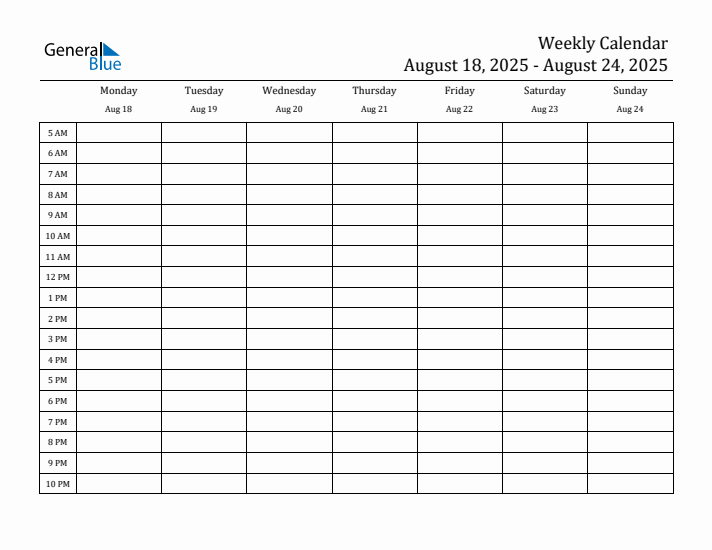 Weekly Calendar with Monday Start for Week 34 (August 18, 2025 to