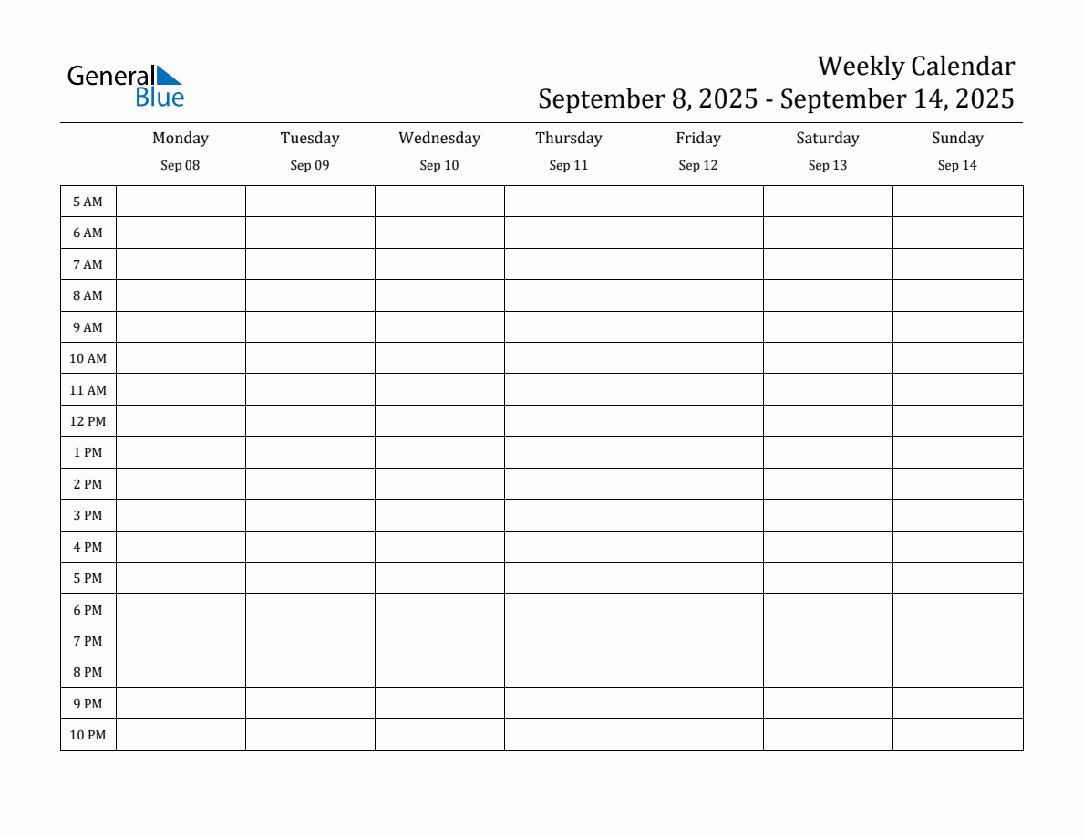 Weekly Calendar with Time Slots Week of September 8, 2025