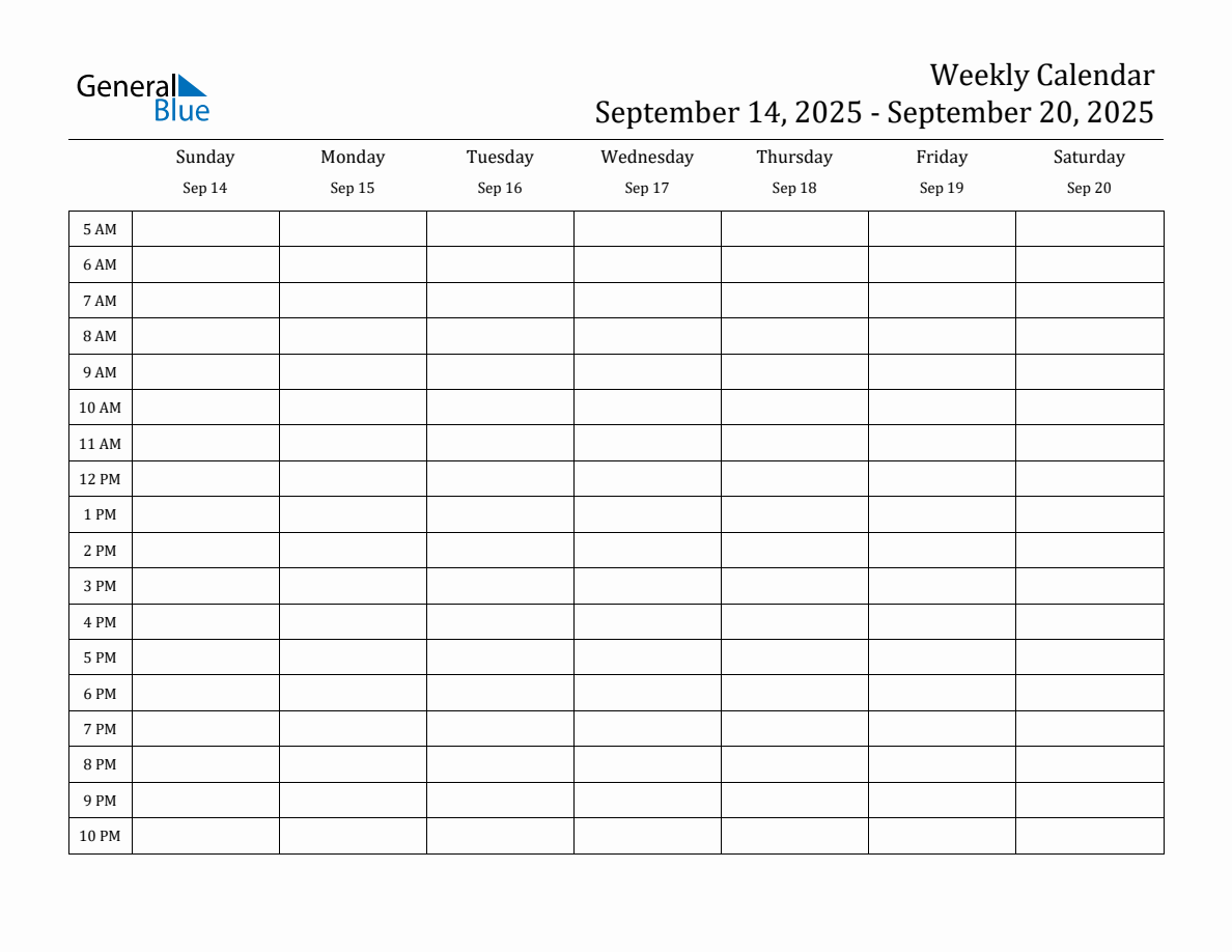 Weekly Calendar with Time Slots Week of September 14, 2025