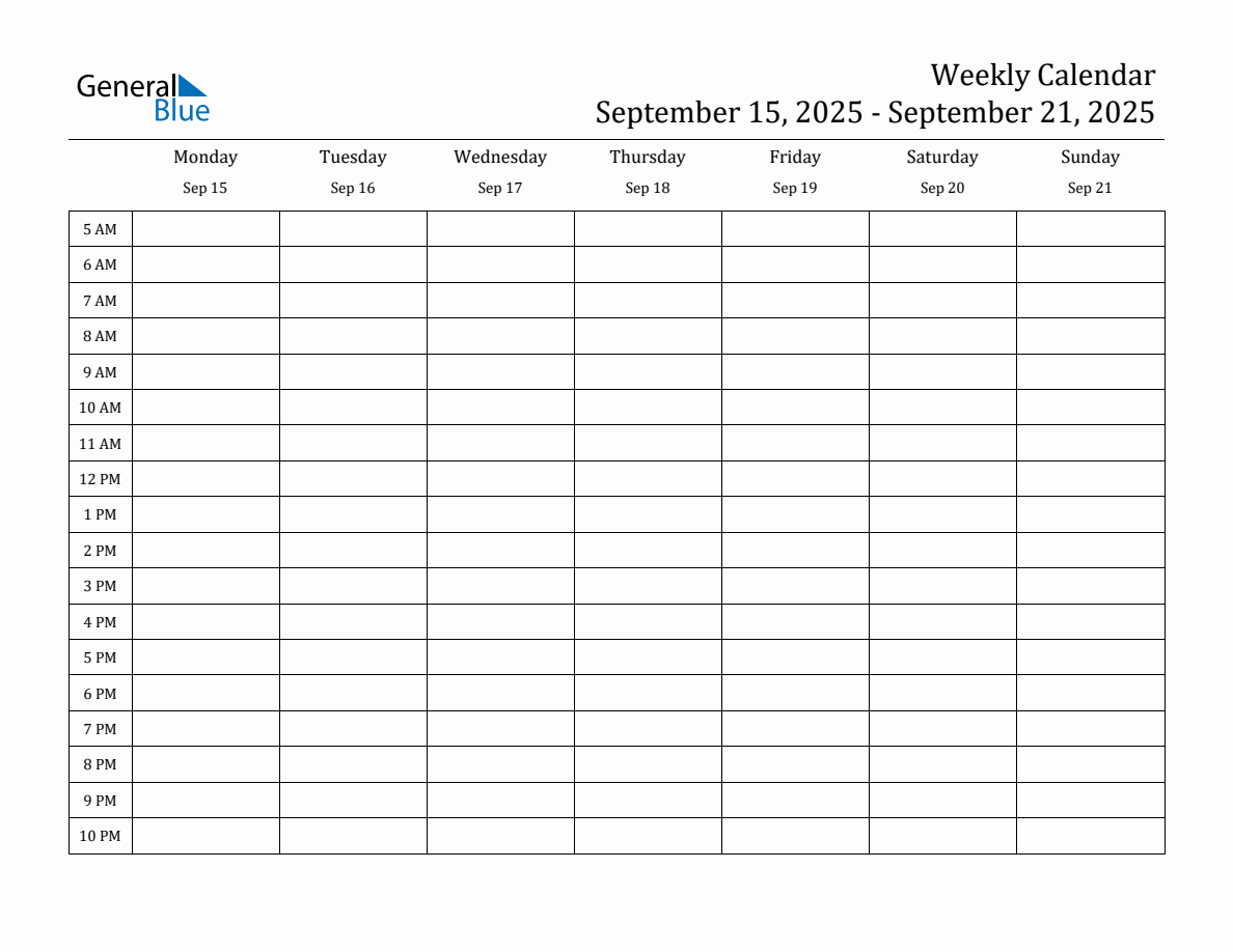 Weekly Calendar with Time Slots Week of September 15, 2025